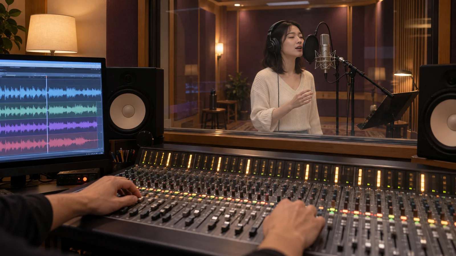 主播在專業錄音室錄製音樂作品,音控人員於控制台協助